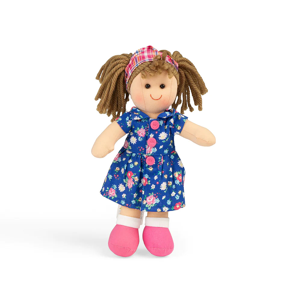A Bigjigs Hollie Doll Small with a blue dress and pink shoes.