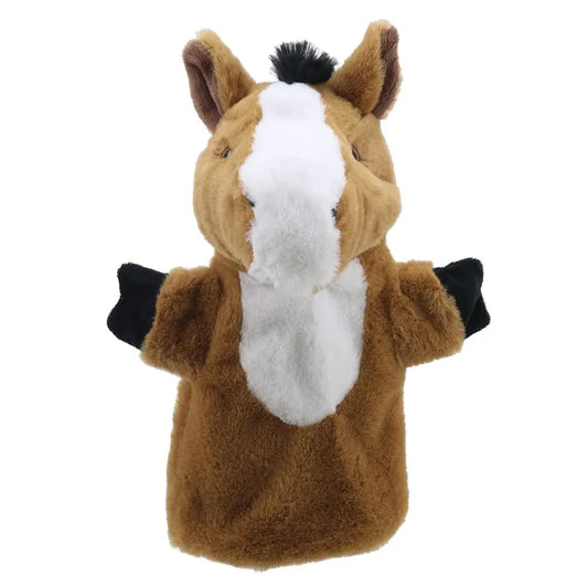 A plush ECO Puppet Buddies Horse Hand Puppet shaped like a horse's head, featuring a brown body, white face stripe, and a black mane. Its mouth appears open and ready for puppetry.