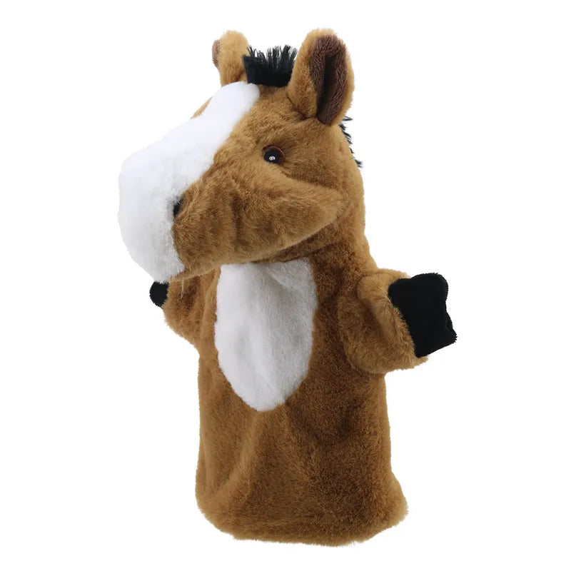 ECO Puppet Buddies Horse Hand Puppet with a brown body, white face, and black hooves isolated on a white background.