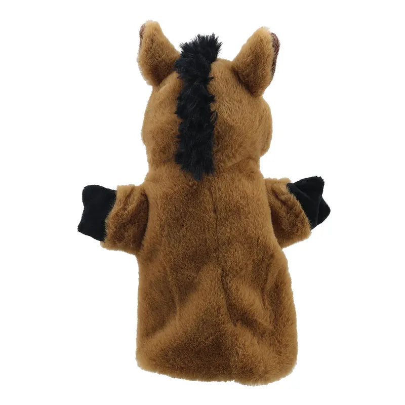 A plush hand puppet designed to look like a horse, featuring a light brown body made from recycled materials, a dark brown mane, and black hooves, viewed from the back.