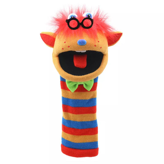 A knitted Sockette Humphrey puppet with glasses and a striped tie, serving as both a toy and a squeaker.