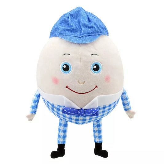 A soft toy, shaped like an egg, with dangling little blue legs and arms, friendly embroidered eyes and mouth, a blue hat and checkered trousers.