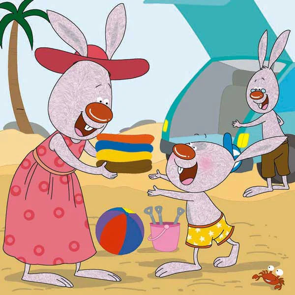 A couple of cartoon rabbits playing with a beach ball while reading the "I Love to Help English/Polish Children's Book" from Kidkiddos.