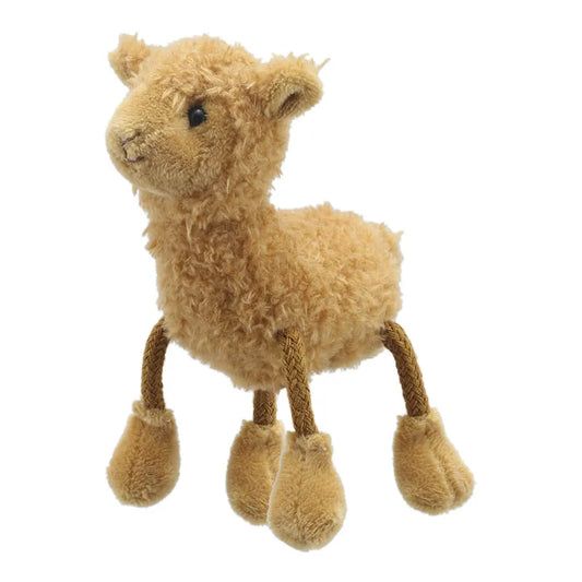 The Puppet Company Alpaca Finger Puppet is a small, fuzzy plush toy with a tan, fluffy body and four rope-like legs ending in soft, plush hooves. Ideal for storytime with children aged 12 months and above, this delightful toy features a cute, simplified face with black eyes and a tiny nose.