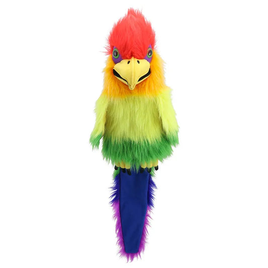 The Puppet Company Rainbow Bird Hand Puppet is a vibrant and colorful hand puppet adorned with a flurry of feathers in radiant shades of red, orange, yellow, green, and blue. This lively bird puppet features a yellow beak and blue eyes, with its tail feathers predominantly blue and purple. Additionally, it includes an entertaining squeaker in the mouth for added fun.