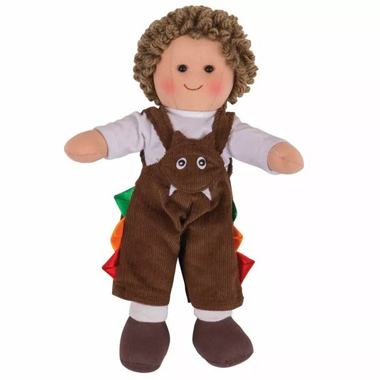 A Bigjigs Jack Doll Small with a brown overall and a white shirt.