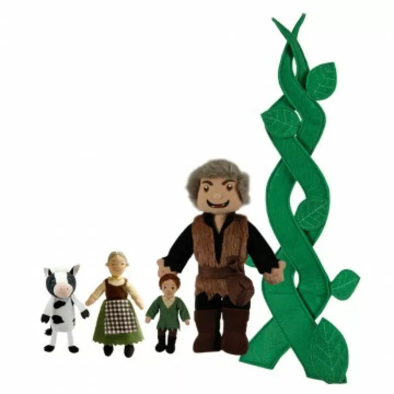 A finger puppets set representing the Jack, the Giant, the Tree, a Cow and a Farmer woman. With full padded bodies.