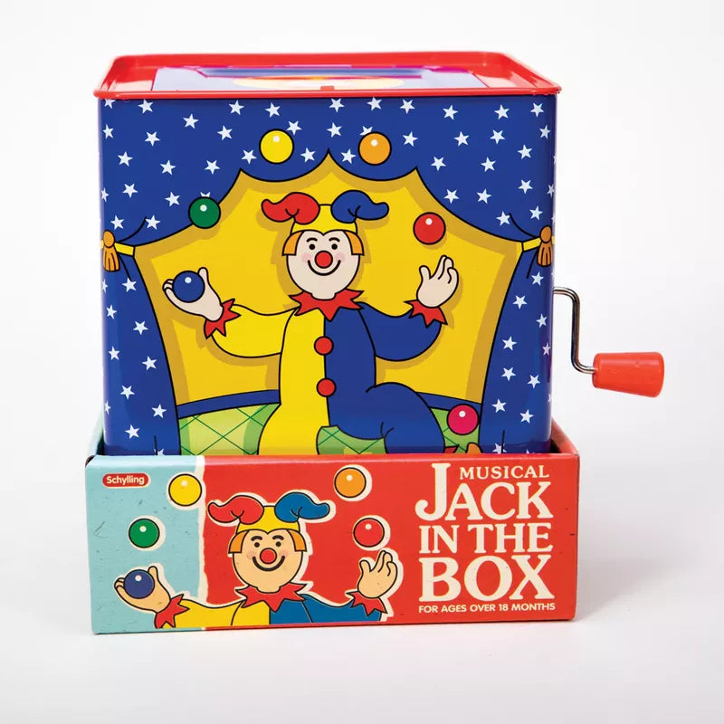 A colorful "Jester Jack In Box" toy featuring a clown popping out against a circus graphics background. The box has a crank handle on the side and is labeled for toddlers over 18 months.