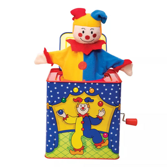 A colorful Jester Jack In Box toy for toddlers with a clown puppet popping out. The box is decorated with circus graphics, featuring a jovial clown and stars on a blue background.
