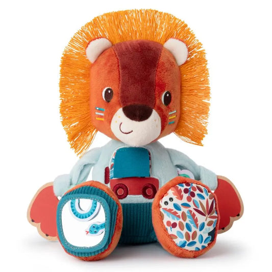 The Lilliputiens I'm Discovering Jack Multi-Activity Lion is a delightful plush toy for babies, featuring an orange mane and playful expressions. Its light blue body, with leaves and a truck embroidered on its paws, makes it a charming and warm baby gift.