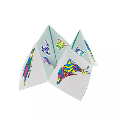 Three Janod 17 Animal Creations Mutli-Activity Box Set folded cards with different designs on them.