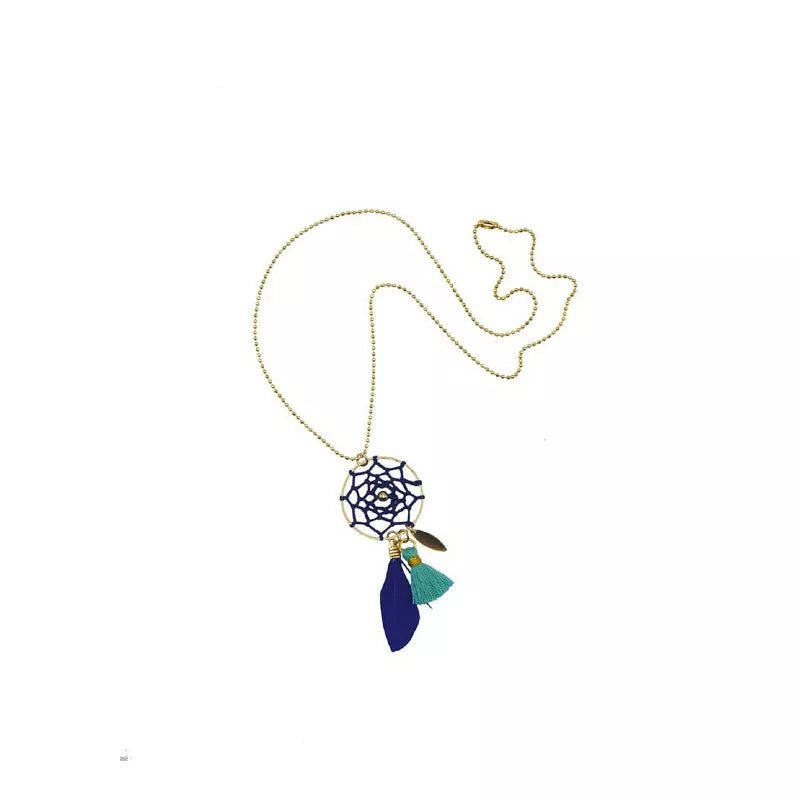 A Janod 3 Dreams Catchers Jewlery to Make with a blue and green tassel hanging from it.