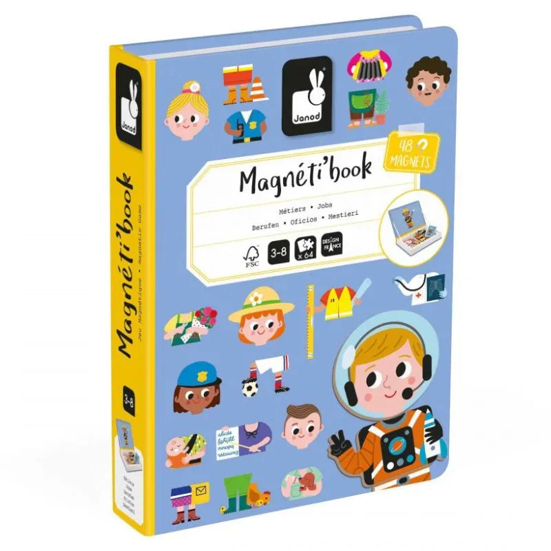 The Janod Jobs Magneti'book is a colorful educational magnetic book for ages 3-8 featuring professions like firefighter, astronaut, and doctor. It helps improve fine motor skills with playful character illustrations on the cover.