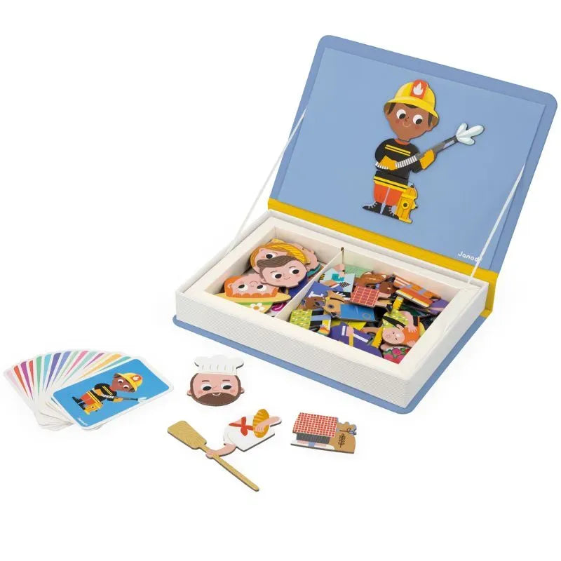 The Janod Jobs Magneti'book is a magnetic puzzle set ideal for building fine motor skills. It features character pieces like a firefighter and chef, assorted accessories neatly organized inside, and illustrated cards for added fun.