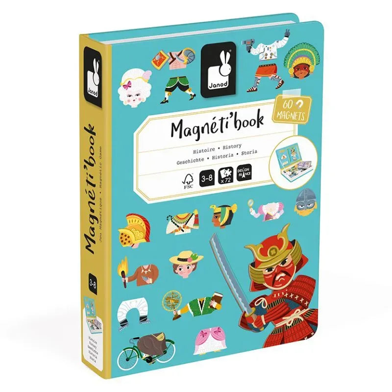 The Janod History Magneti'book is a colorful educational game for ages 3-8, featuring a teal cover with illustrations of historical scenes. It includes 60 magnets depicting various costumes and characters.