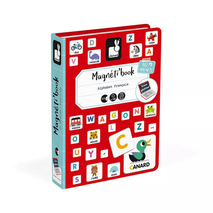 A red Janod French Alphabet Magneti'Book with many different letters and numbers.