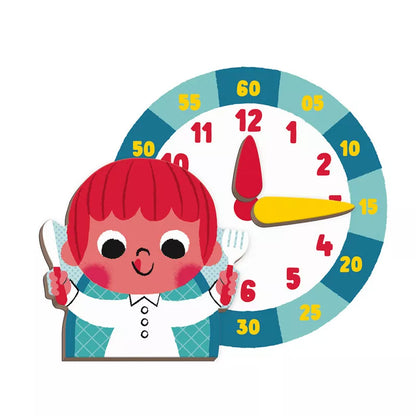 The Janod Learn to Tell the Time Magneti’Book with a girl holding a fork and knife.