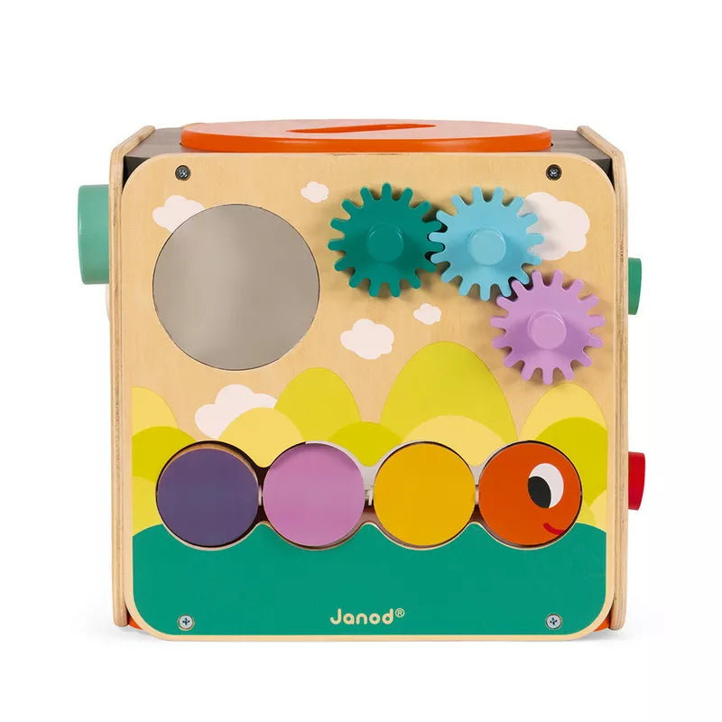 The Janod Multi-Activity Looping Toy is a wooden toy with gears on it.