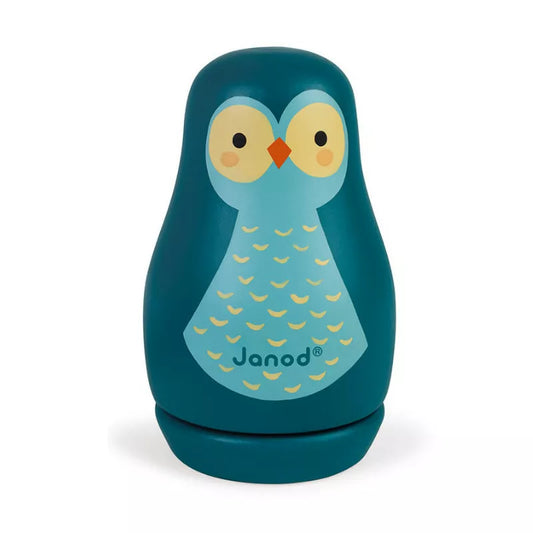 A blue and yellow Janod Music Box Owl on a white background.