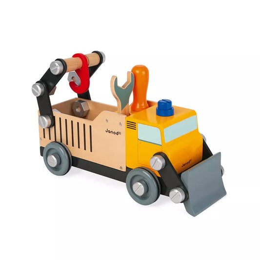 Janod Brico'kids DIY Construction Truck with a shovel on the back.