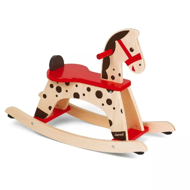 A Janod Caramel Rocking Horse with black dots.