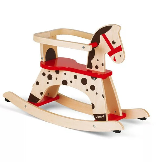 Janod Caramel Rocking Horse with a red seat.