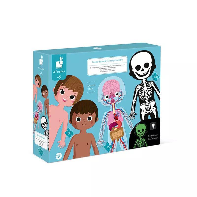 A Janod Educational Puzzle Human Body with a picture of a skeleton and two children.