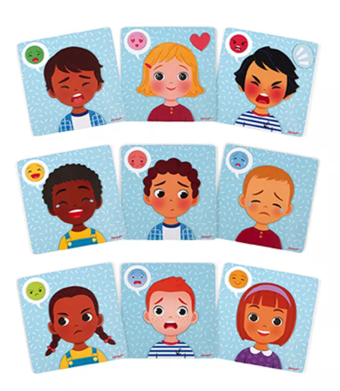 A set of Janod Emotions Magnetic Game cards with different faces on them.
