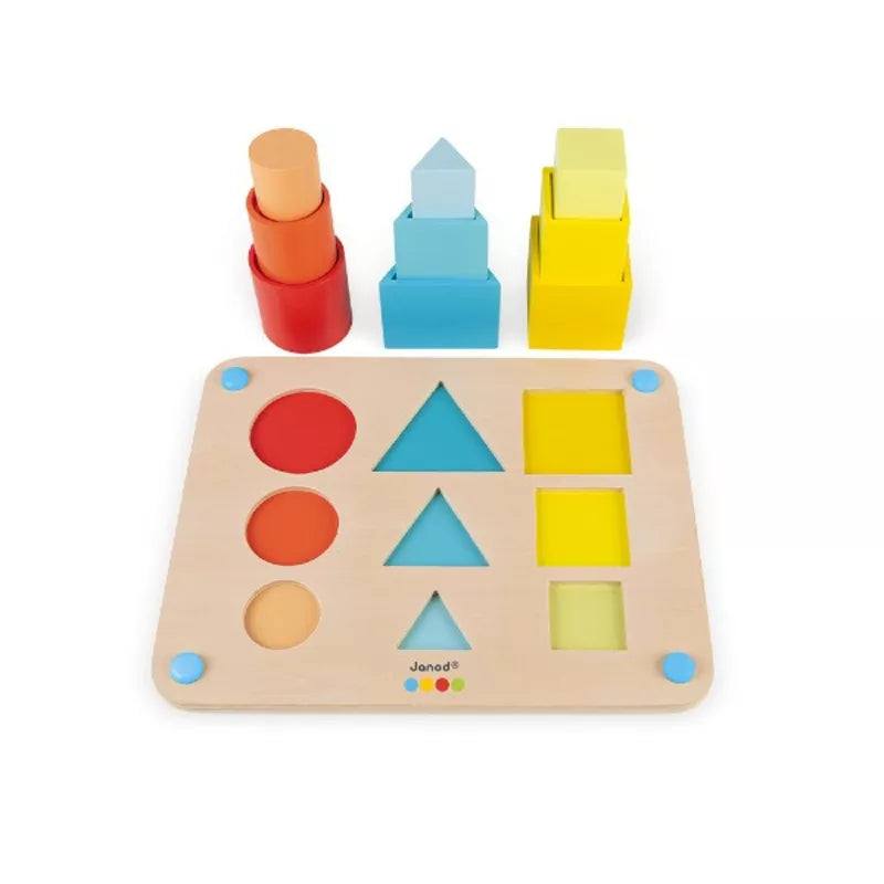 A Janod Essential - Volumes tray with different shapes and colors.