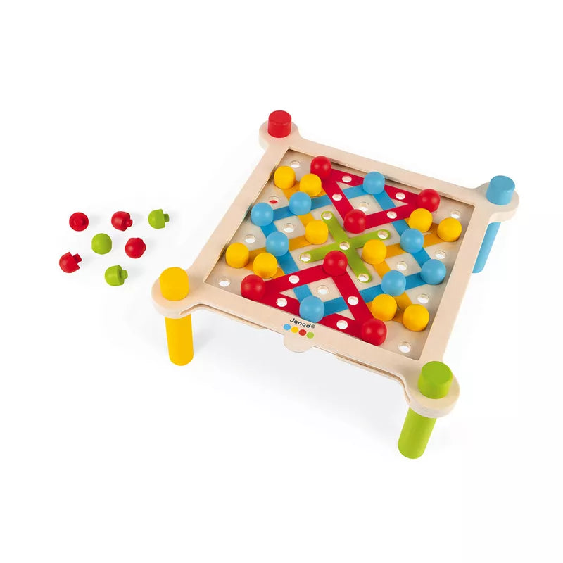 A Janod Lacing game with colorful beads on a white background.