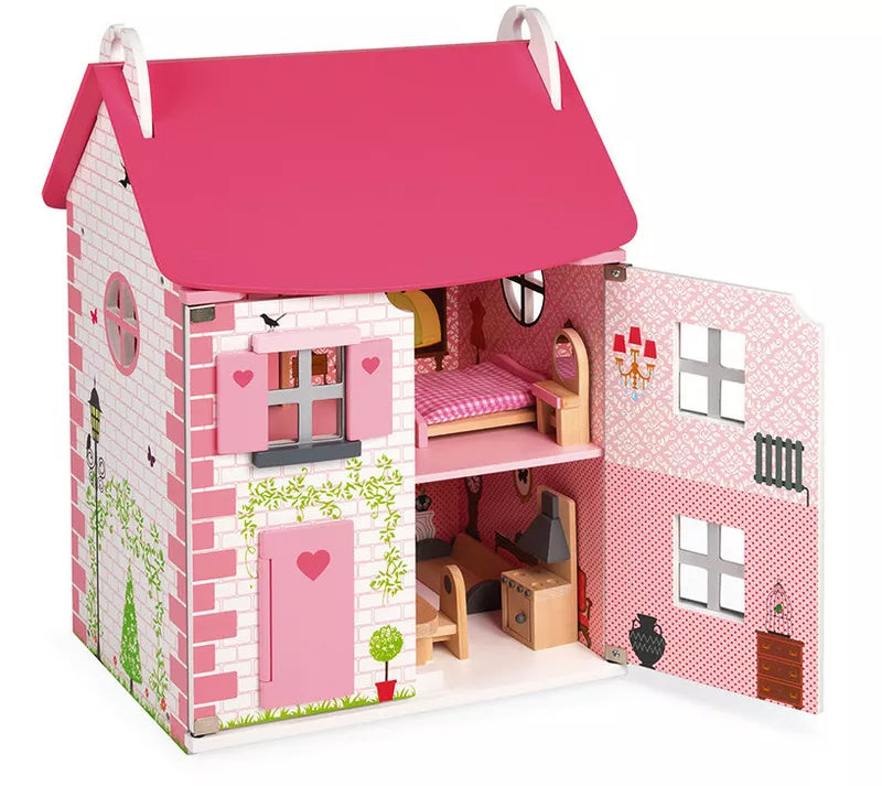 Janod Mademoiselle Doll's House with a pink roof.