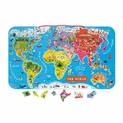 A Janod Magnetic World Puzzle with stickers on it.