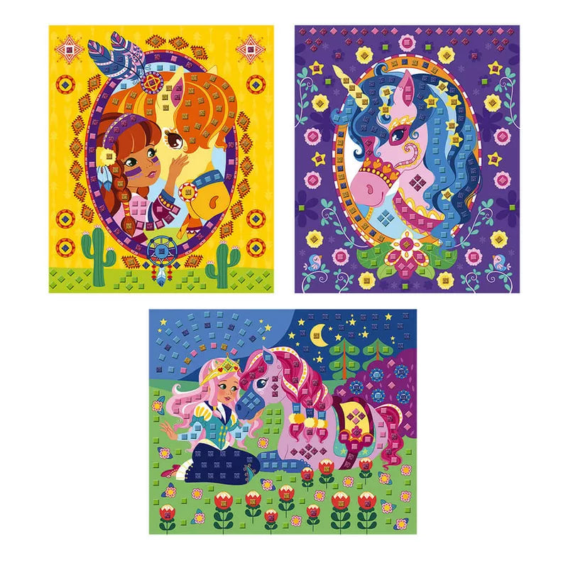 A couple of Janod Mosaics Ponies And Unicorns that are on a wall.