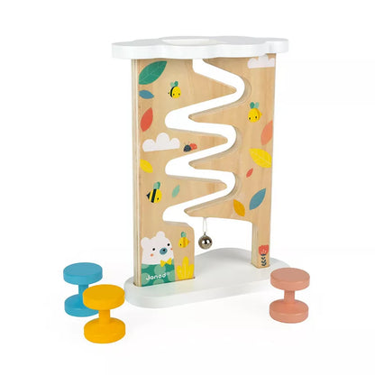 A Janod Pure Ball Track set with a wooden stand and colorful knobs.