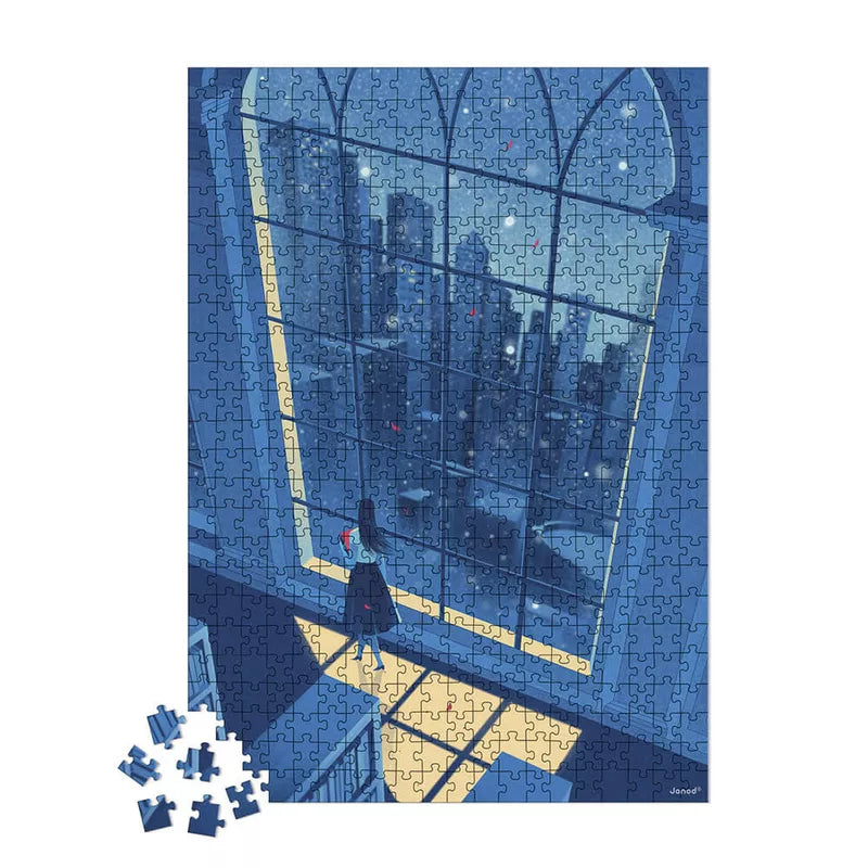 A Janod Puzzle Night View - 500 Pcs piece with a person looking out of a window.