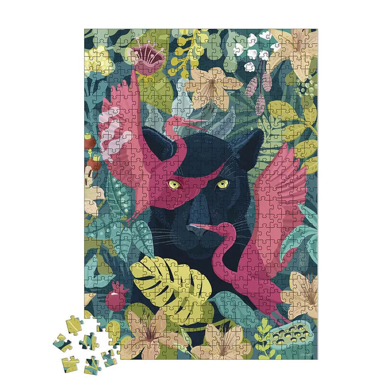 A Janod Puzzle Panther - 500 Pcs with a black cat surrounded by flowers and leaves.