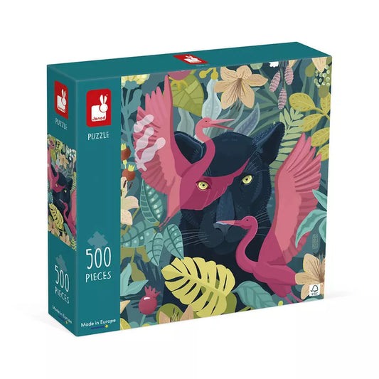 A Janod Puzzle Panther - 500 Pcs with a black cat surrounded by flowers.