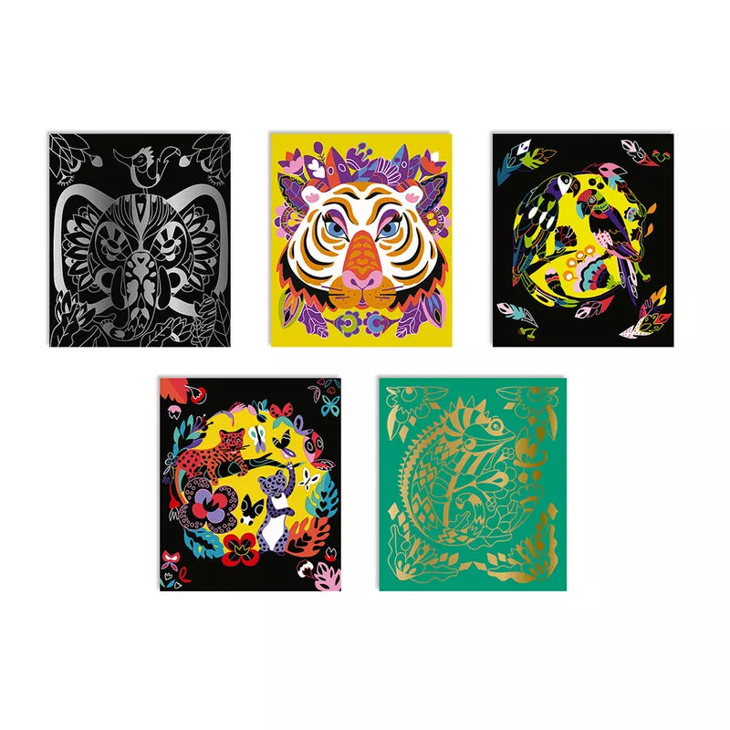 A group of four different designs of Janod Scratch Art Animals Of The World on a white background.