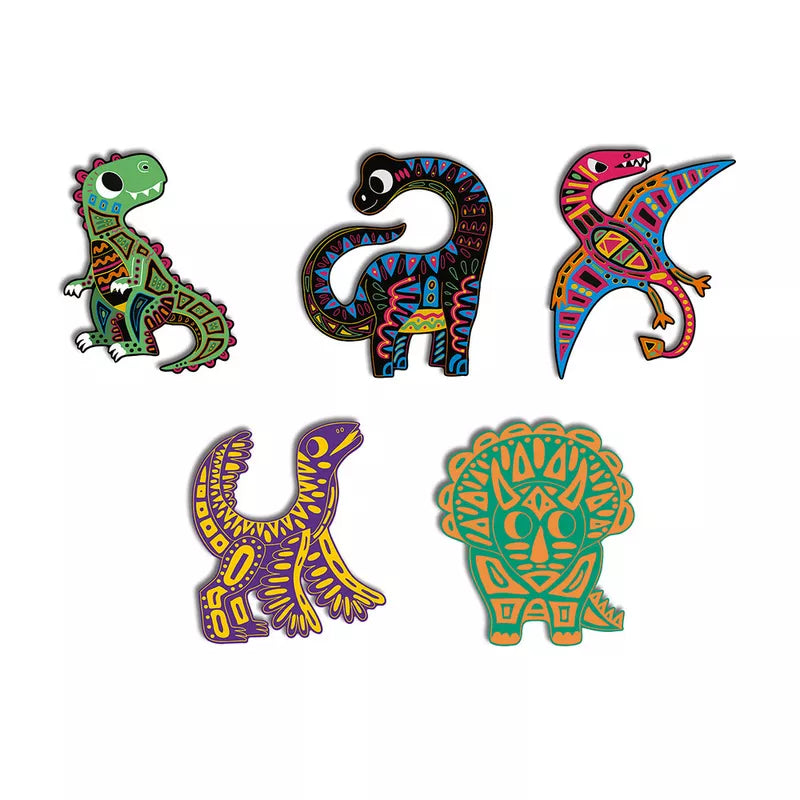 A set of four Janod Scratch Art Dinosaur Cut Outs with different designs on them.