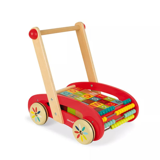 Janod Tatoo ABC Buggy Cart 30 Blocks with colorful wheels.