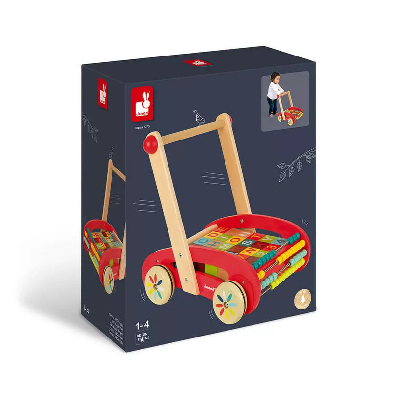 A Janod Tatoo ABC Buggy Cart 30 Blocks with a wooden toy on top of it.