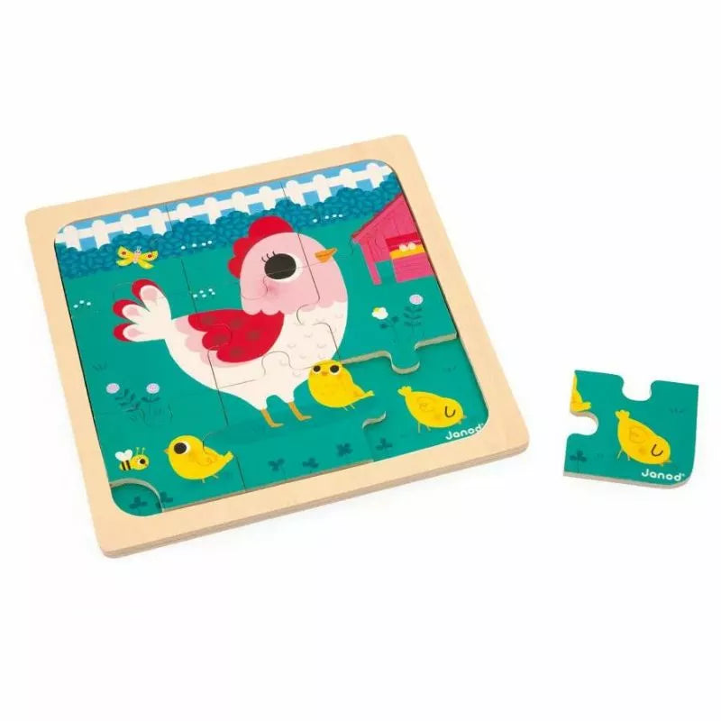 A Janod Henriette The Chicken Puzzle for babies featuring a chicken.