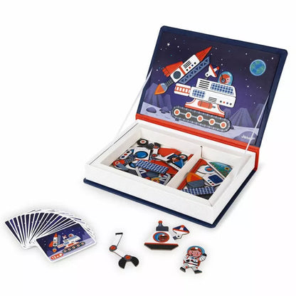 A Janod Cosmos Magneti'Book filled with an assortment of magnets, toys and cards to inspire children's imagination.