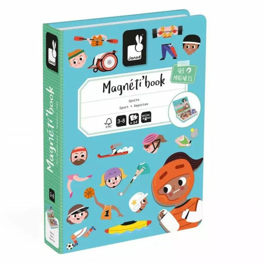 A children's Janod Magnetibook - Sports with a lot of sports pictures on it.