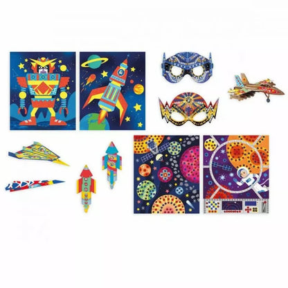 An assortment of colorful space-themed crafts, including images of robots, rockets, planets, and stars. There are also decorated masks, paper airplanes, and a picture of an astronaut in space. The Janod Multiactivity Sky Adventurers features vibrant patterns and cheerful illustrations for hands-on craft activities.