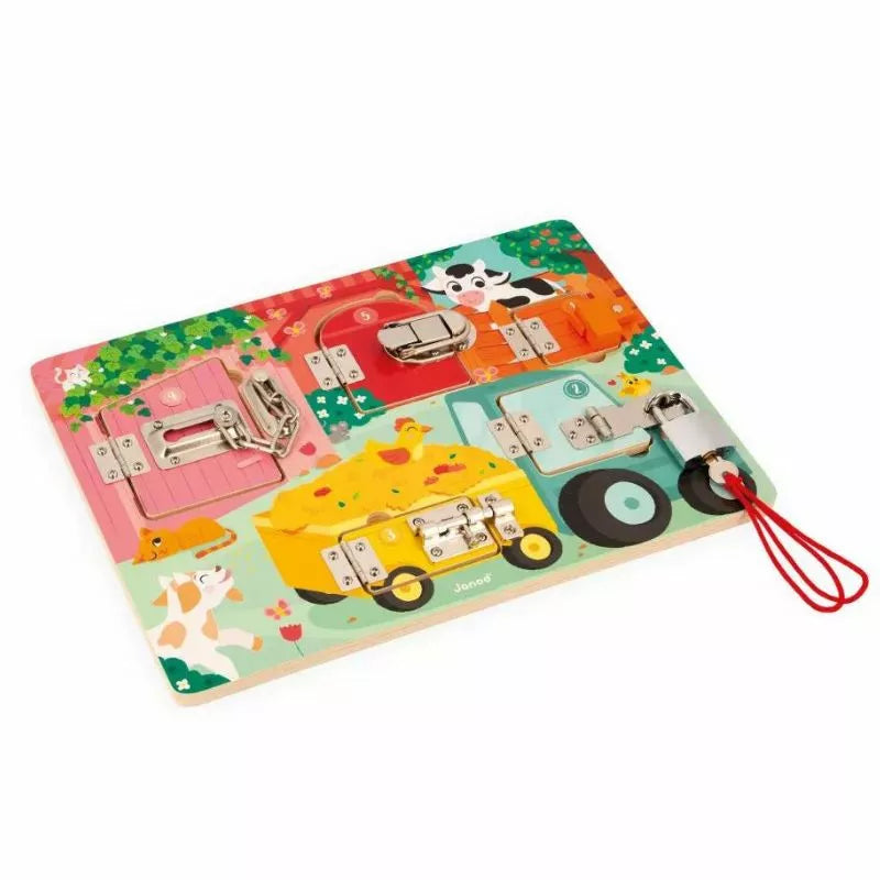 A Janod Padlocks Board - The Farm with a picture of a farm and a truck, featuring farm animals and a locking system.