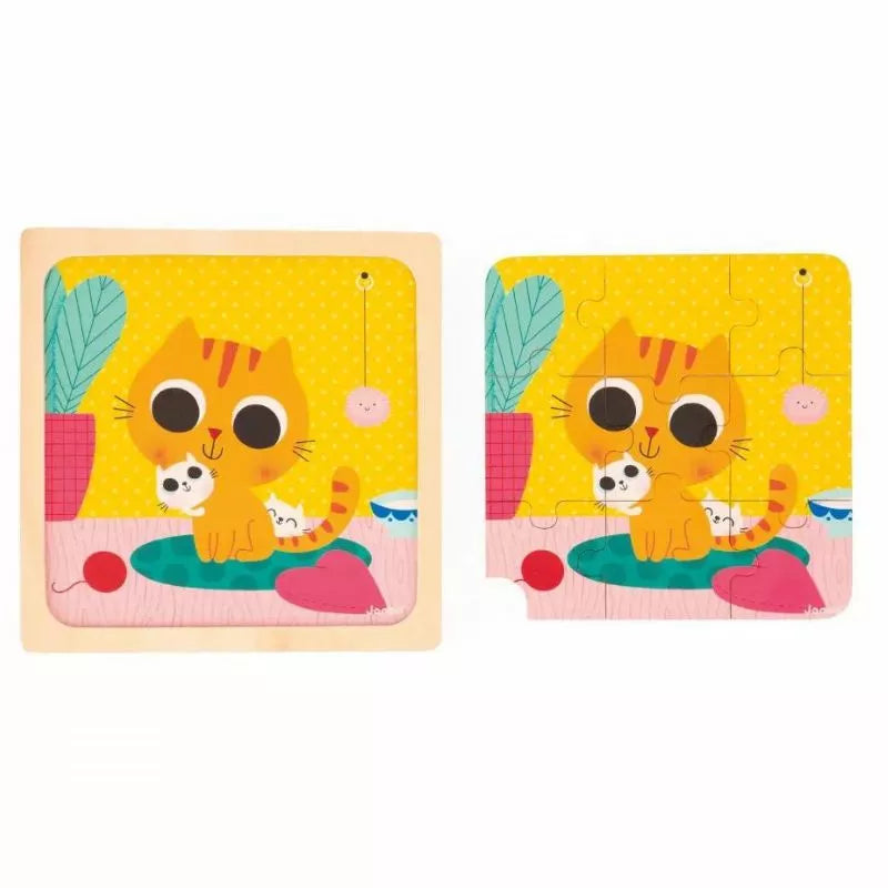 A yellow wooden Janod Peanut The Cat Puzzle, perfect for children.