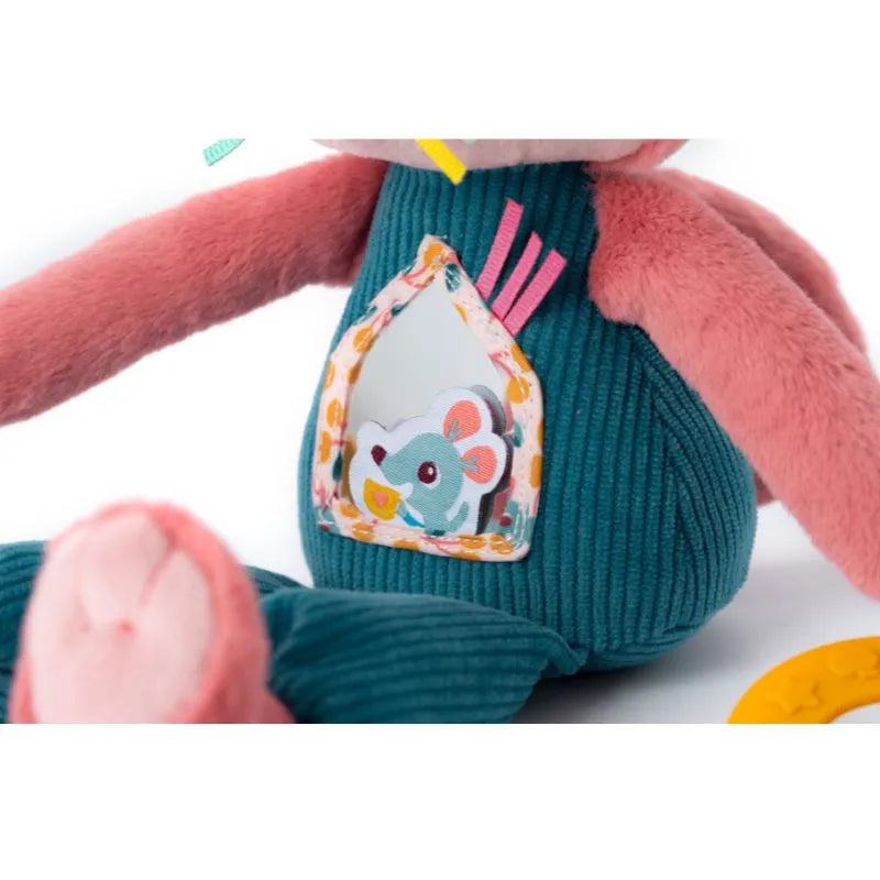 The Lilliputiens I'm Discovering Jeanne Multi-Activity Cat is a plush baby toy in pink and teal with a mouse illustration, featuring colorful ribbons, textured fabric, and a yellow teething ring—making it the perfect gift for endless baby delight.