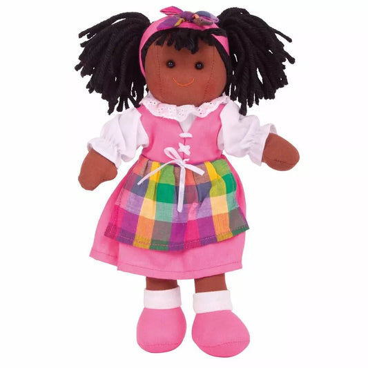 A Bigjigs Jess Doll Small with a pink dress and white shirt.