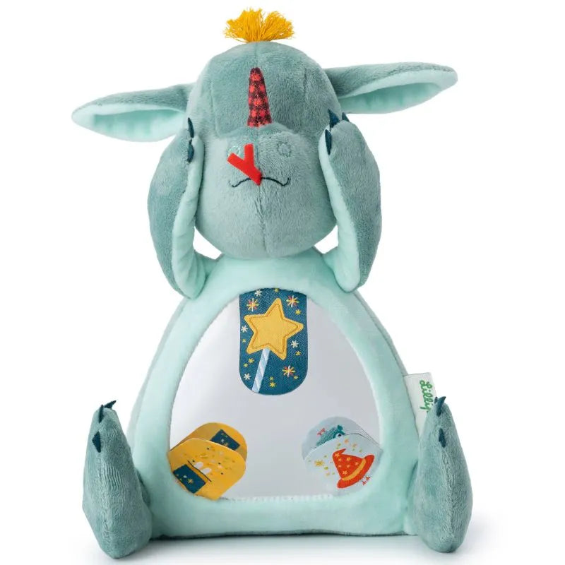 The Lilliputiens I'm Discovering Joe Peekaboo Mirror is a plush green unicorn toy with a red horn, floppy ears, and smiling face. Ideal for baby's first toy, it features illustrated belly patches of a star wand, igloo, winter hat, and a tuft of yellow hair—a perfect baby gift.